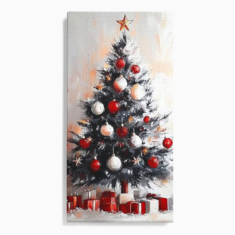 Tablou canvas cu tablou canvas cu brad de craciun pictat, fara rama, pe sasiu de lemn